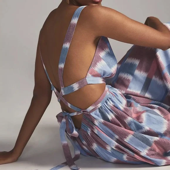 Anthropologie Deep-V Midi Dress Blue Blush Mauve XS - Picture 2 of 7